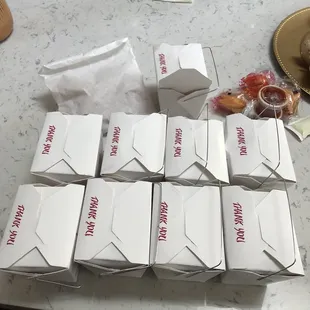 The line up: Dinner combo #1 (x2) and Dinner combo #3, crunchy noodles, red sweet and sour sauce, hot mustard, and fortune cookies.