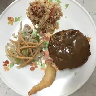 Clockwise from noon: pork fried rice, pork foo young, fried shrimp, chow mein