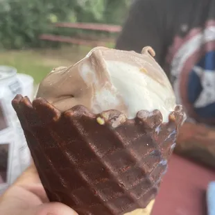 Chocolate swirled in chocolate dipped cone