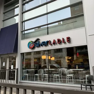 the entrance to a restaurant