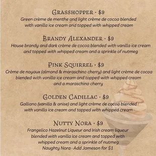 Ice Cream Drinks 2023 Menu