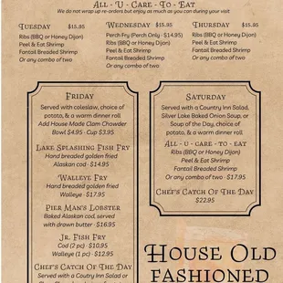 Weekly Specials 2023 Menu