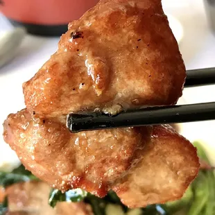 chopsticks holding a piece of meat