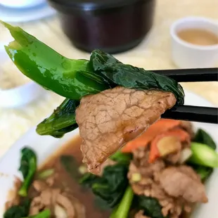 chopsticks holding a piece of meat and vegetables