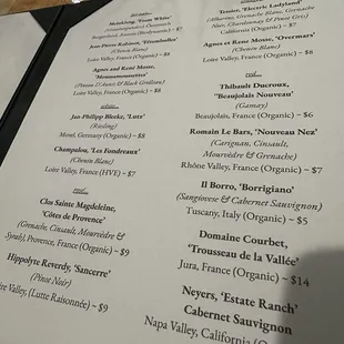 Menu/ Wines are 6oz pour