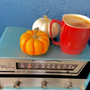 a cup of coffee on a radio