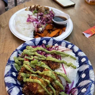 Teriyaki Chicken Rice Bowl and Good Karma Bowl, both delicious!