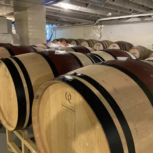 a row of wine barrels