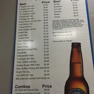 Snack bar prices