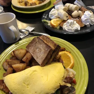 Veggie omelette, banana chocolate chip pancakes, egg skillet