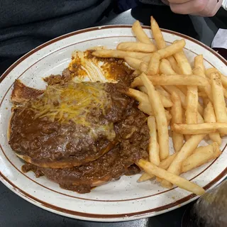 Open Face Chili Cheeseburger