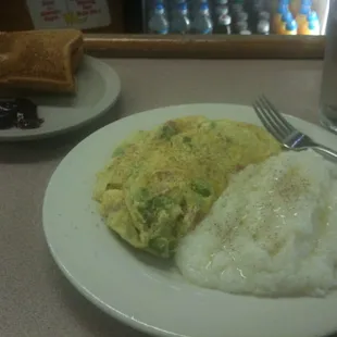 an omelet, rice and toast