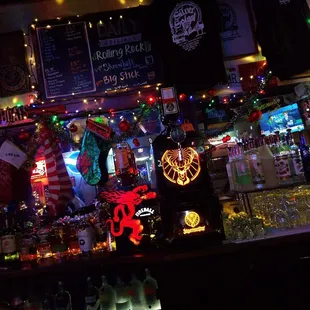 a bar decorated for christmas