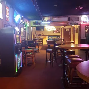 Plenty of tables, pool table, juke box, food ball table, golf video game!