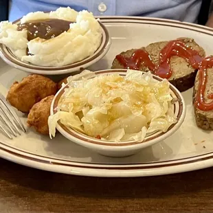 Meatloaf, Starnes cabbage, mashed potatoes with gravy &amp; hush puppies with a carafe of hot coffee