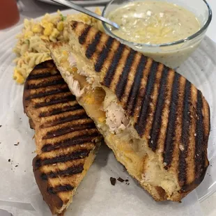 Grownup grilled cheese with chicken and grilled onions and the soup of the day.