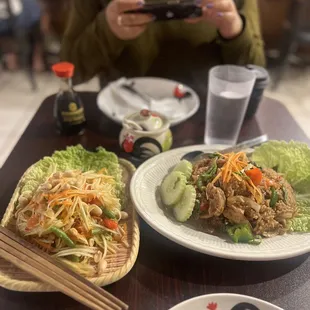 Papaya salad and Basil Fried Rice