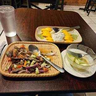 Yum Nue (main dish), cucumber salad, sticky rice mango