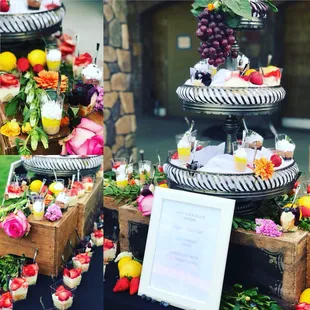 Fun dessert display with petite cups of Mint Chocolate Mousse, Strawberry Trifle, &amp; Lemon Meringue