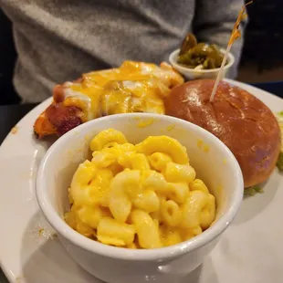 Buffalo chicken sandwich with a side of Mac