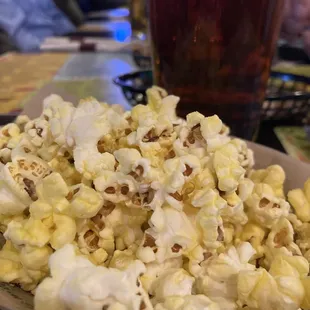 Freshly popped popcorn and Alaskan amber beer