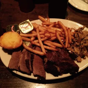 3 meat combination with fries &amp; a delicious corn muffin!
