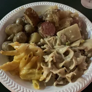 Mac and cheese, stroganoff, meat balls with mushrooms, kielbasa with potatoes, and chicken and dumplings.