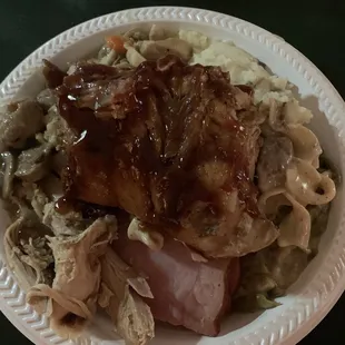 Mashed potatoes, ribs, stroganoff, turkey, green beans, chicken and dumplings at the buffet