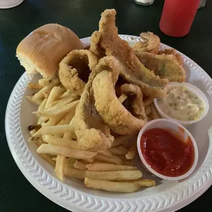 Fries, perch, biscuit, shrimp, tarter sauce, and cocktail sauce.