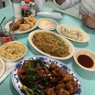 Beef Fried Rice, vegetable lo mein, dumplings &amp; the chicken and broccoli and orange chicken