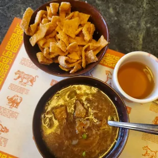 Hot &amp; Sour soup, hot tea and Won tons.