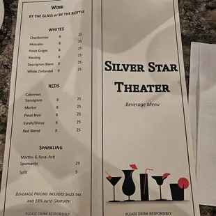 Drinks menu front and back.