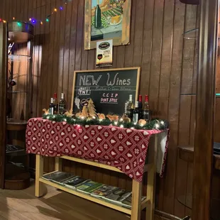 a table with wine bottles on it