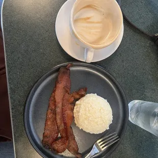 Stone ground grits, bacon, and large Latte