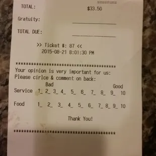 This is the receipt in my review. Read my review!! DO NOT GO TO THIS PLACE!!