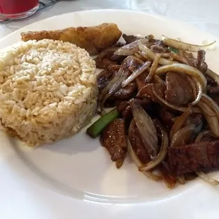 Mongolian beef with eggroll and fried rice