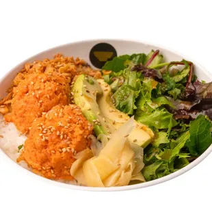 Spicy Tuna Bowl - Spicy tuna over a bed of rice with spring mix green salad drizzled with onion dressing.