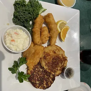 Beer Battered Cod with potato pancakes, applesauce, syrup, and coleslaw.  It also included salad bar and a cup of soup.  Delicious!