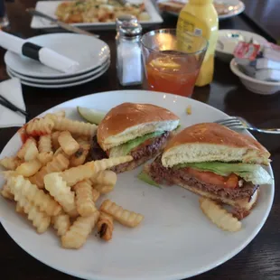 A delectable burger lunch (burger cooked medium).