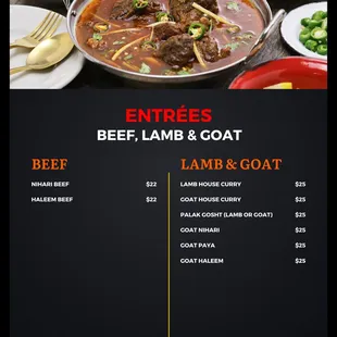 Beef, Lamb, and Goat Entrée Menu