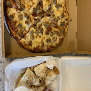 Pizza and quesadilla.