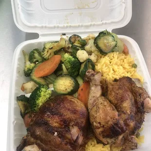 a meal in a styrofoam container