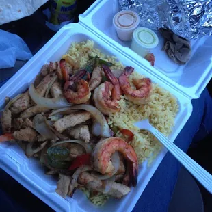 Fajita mixture with shrimp chicken and steak