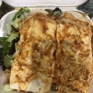 a meal in a styrofoam container