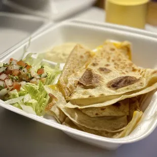 Cheese Quesadilla, so much cheese and their green salsa is something else. Noms!