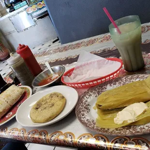 Pupusa , tamal and burrito