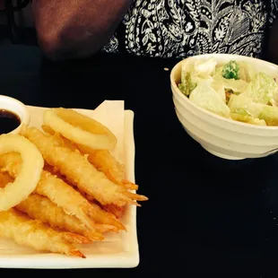 Appetizer: shrimp tempura with two onion rings at Sim Sushi &amp; Steak