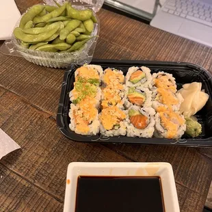 Edamame, spicy tuna roll, spicy scallop roll, salmon roll