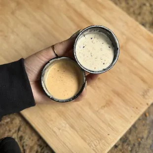 Sesame mayo, spicy mayo