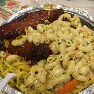 Barbecue chicken wings + lo mein + macaroni salad + oxtail gravy = deliciousness